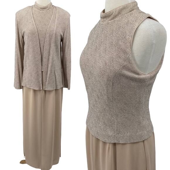 Vintage 2 Piece Jumpsuit Jacket Set Silky Silver Glitter Bodice Flowy Womens 8 - Picture 1 of 14